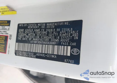 2010 Toyota Camry Le z USA, uszkodzony, nr VIN 4T1BF3EK7AU543080